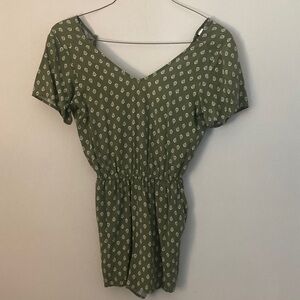 Green Patterned Short Sleeve Romper